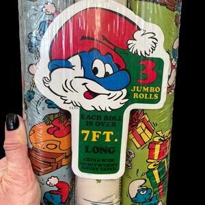 Vintage Papercraft Smurf Gift Wrapping Paper 1982 Peyo 3 Roll USA 6911 NOS Read